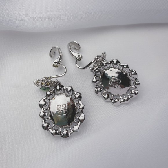 Givenchy Pastel Blue Rhinestone Jewel Flower Oval Silver Dangle Clip Earrings - Picture 5 of 9
